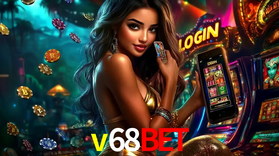 Mulher em um cenário de cassino temático de aventura, mostrando o app de caça-níqueis da v68bet no celular. Fichas de apostas flutuam ao redor.