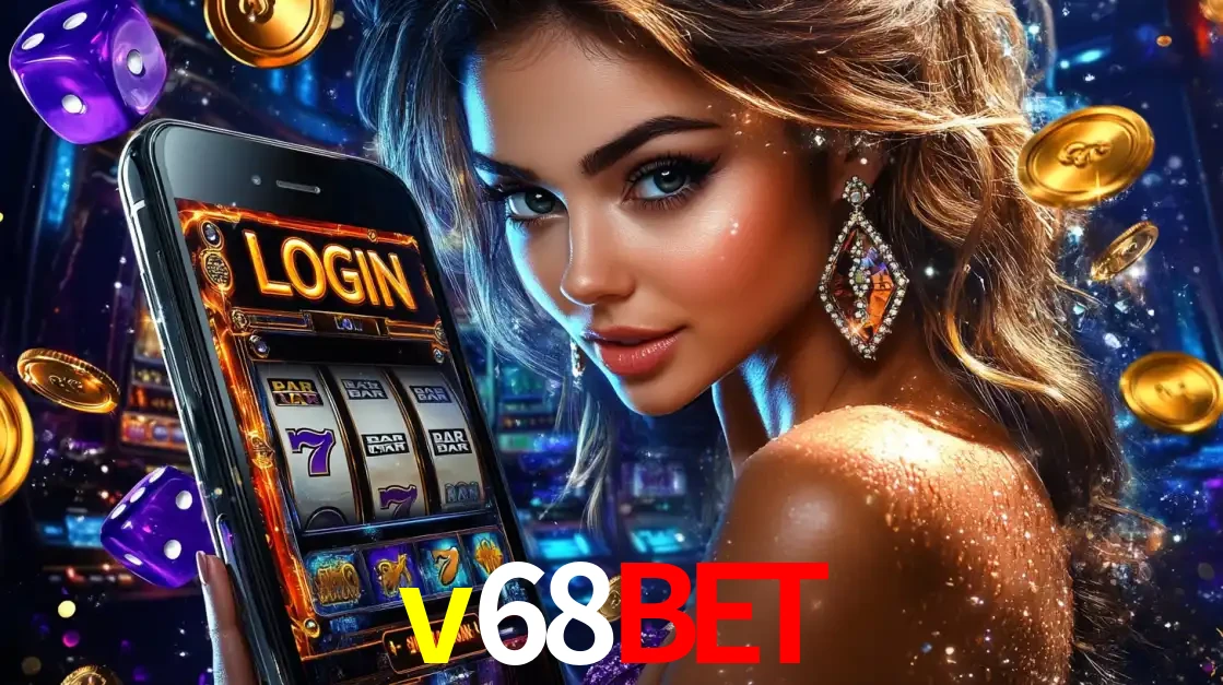 Mulher glamorosa segurando um smartphone com a tela de login para os jogos de caça-níqueis do cassino online v68bet, com moedas de ouro e dados ao redor.