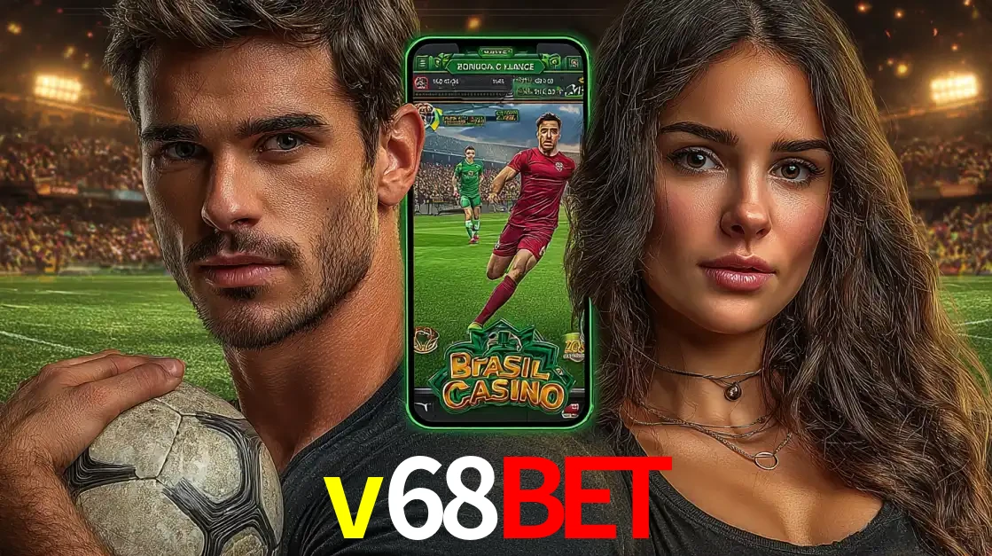 Homem segurando uma bola de futebol e uma mulher ao lado de um smartphone exibindo o jogo de apostas esportivas da v68bet. Faça seu palpite no cassino online.